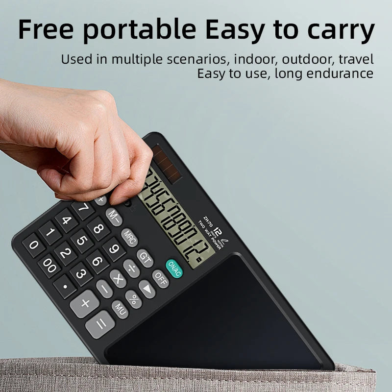 A hand is shown holding a black portable calculator with a large screen and gray buttons. The image includes marketing text at the top and the calculator resting on a fabric surface at the bottom.