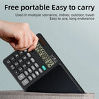 A hand is shown holding a black portable calculator with a large screen and gray buttons. The image includes marketing text at the top and the calculator resting on a fabric surface at the bottom.
