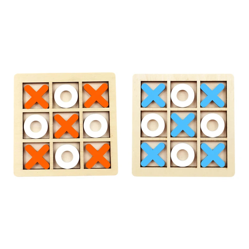 Two wooden tic-tac-toe boards with colored markers on a white background