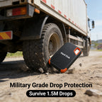Hard disk drive with military grade drop protection feature displayed in front of a truck on a dirt road.