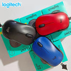 Three Logitech mice in red, black, and blue on top of their packaging.