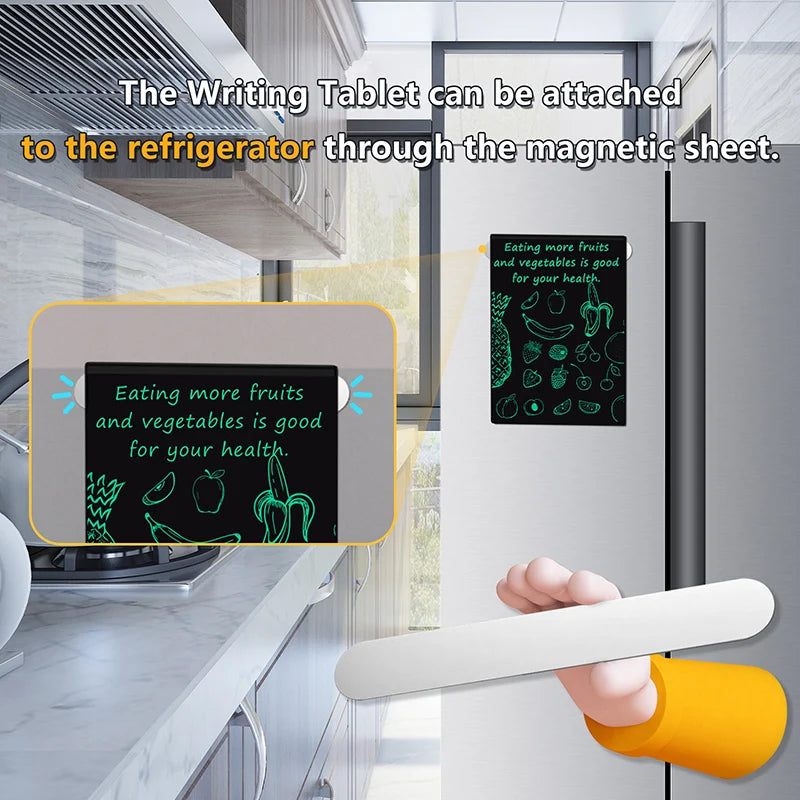 Writing tablet attached to a refrigerator with text and graphics on it.