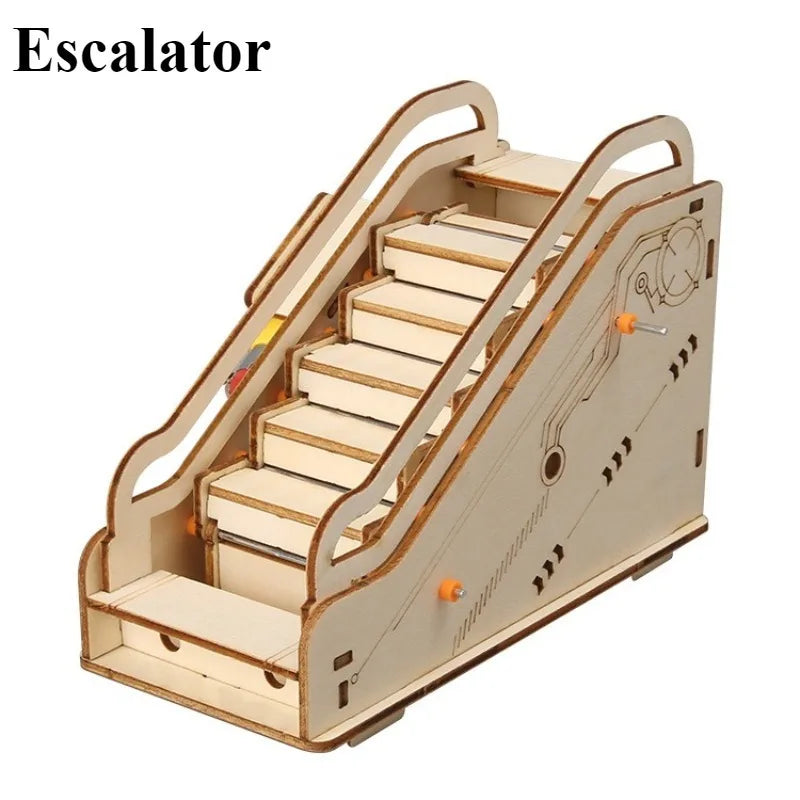 Wooden model of an escalator on a white background