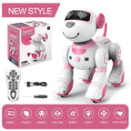 Pink and white robot toy with remote control and packaging on a white background
