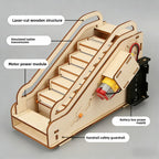 Wooden model of a staircase with labeled components on a gray background