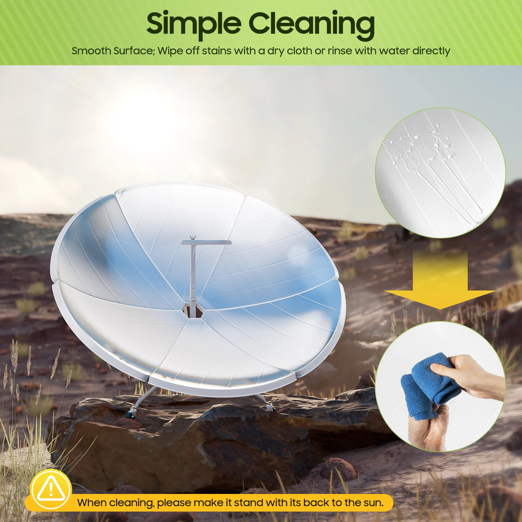 Solar panel cleaning guide with a satellite dish on a rocky surface.