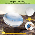 Solar panel cleaning guide with a satellite dish on a rocky surface.