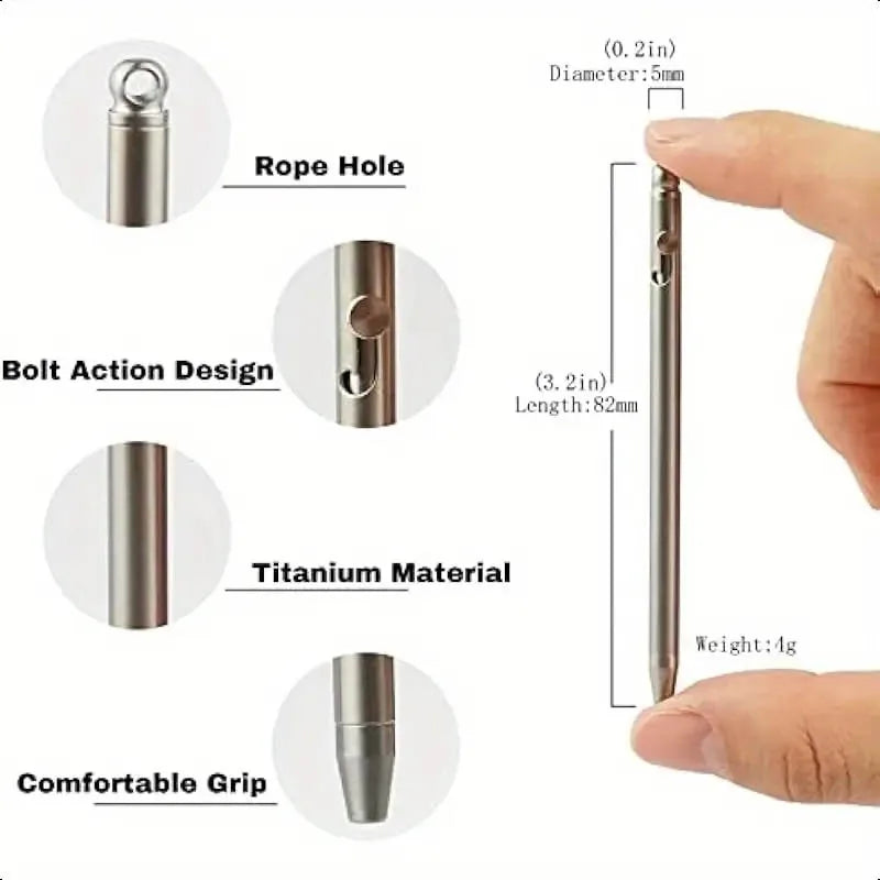 Metal keychain with features highlighted, including rope hole, bolt action design, titanium material, and comfortable grip.