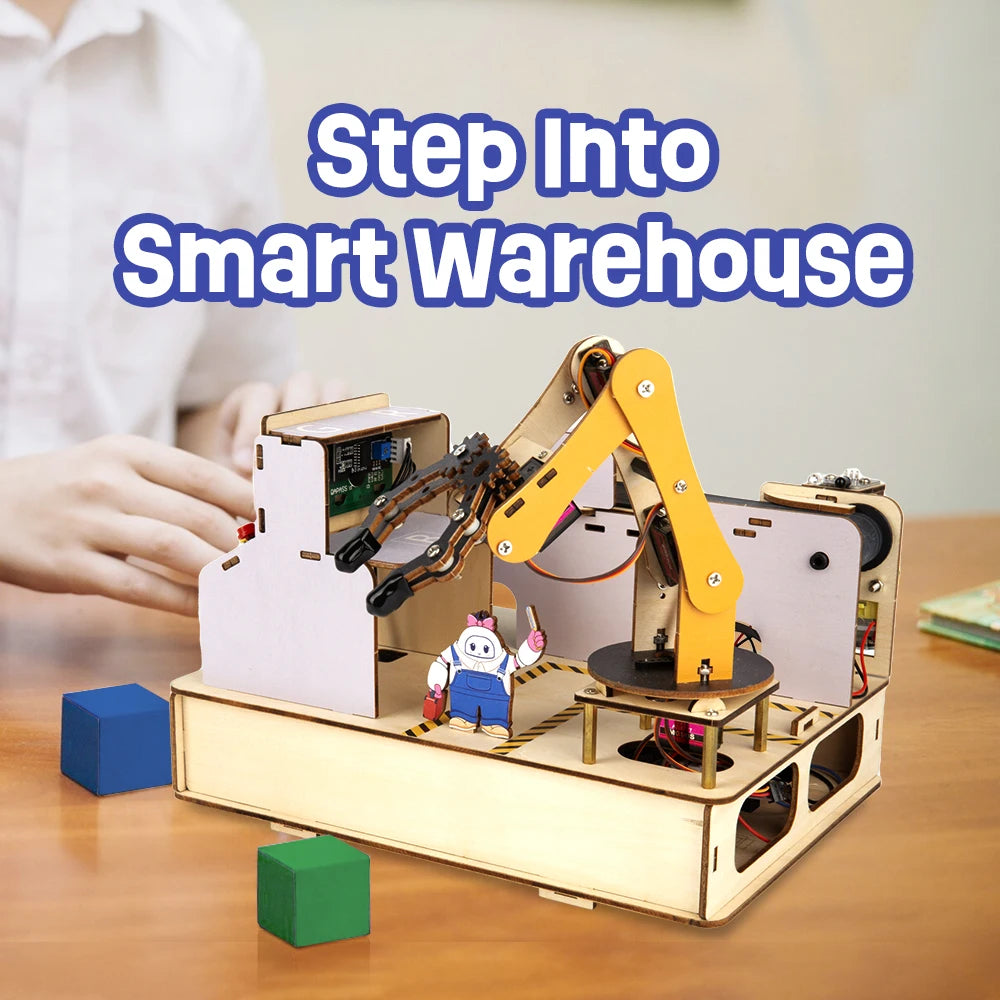 Smart warehouse model with robotic arm on a wooden surface, text 'Step Into Smart Warehouse' above.