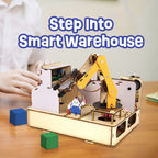 Smart warehouse model with robotic arm on a wooden surface, text 'Step Into Smart Warehouse' above.