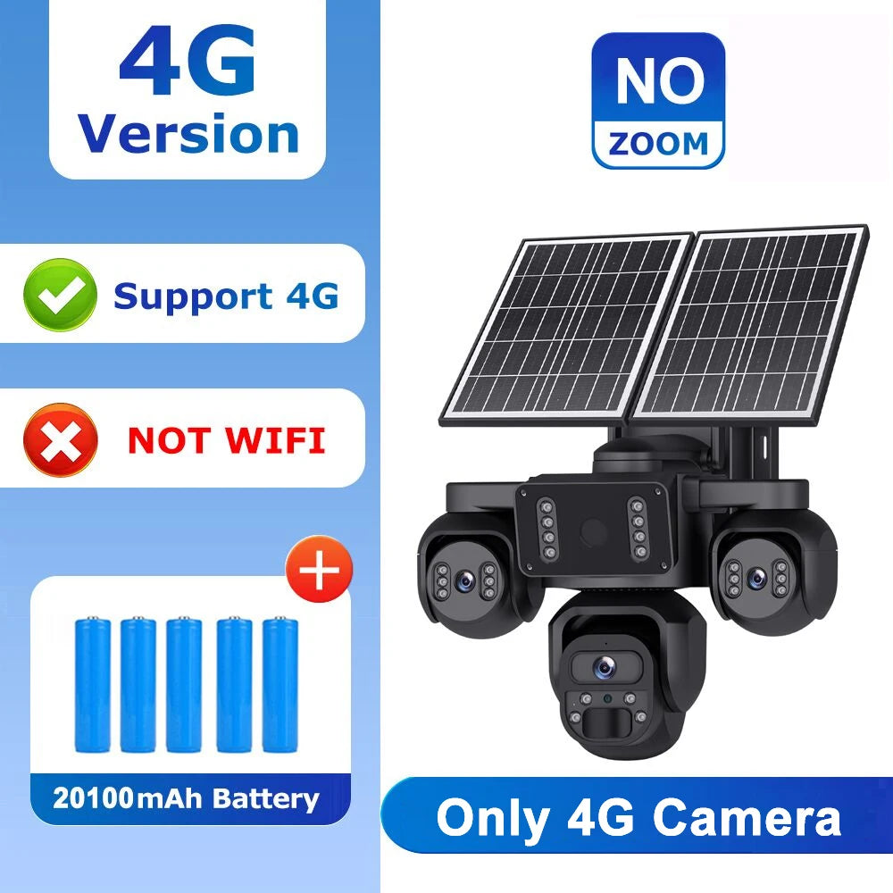 A 4G solar-powered security camera set with three black cameras, dual solar panels, and a 20100mAh battery, shown on a white and blue promotional graphic with text overlays.