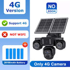 A 4G solar-powered security camera set with three black cameras, dual solar panels, and a 20100mAh battery, shown on a white and blue promotional graphic with text overlays.