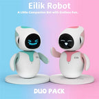 Two Eilik robots on a gradient blue and pink background with text about the product.