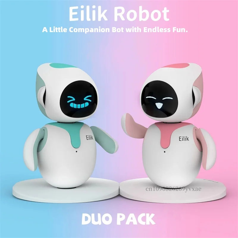 Two Eilik robots on a gradient blue and pink background with text about the product.