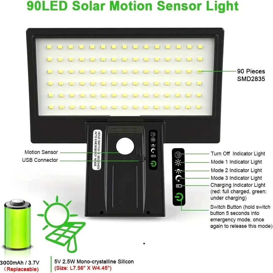 Solar Security Flood Light Outdoor Waterproof Motion Sensor – 90 LED 4 Modes Wall Light for Garden & Yard