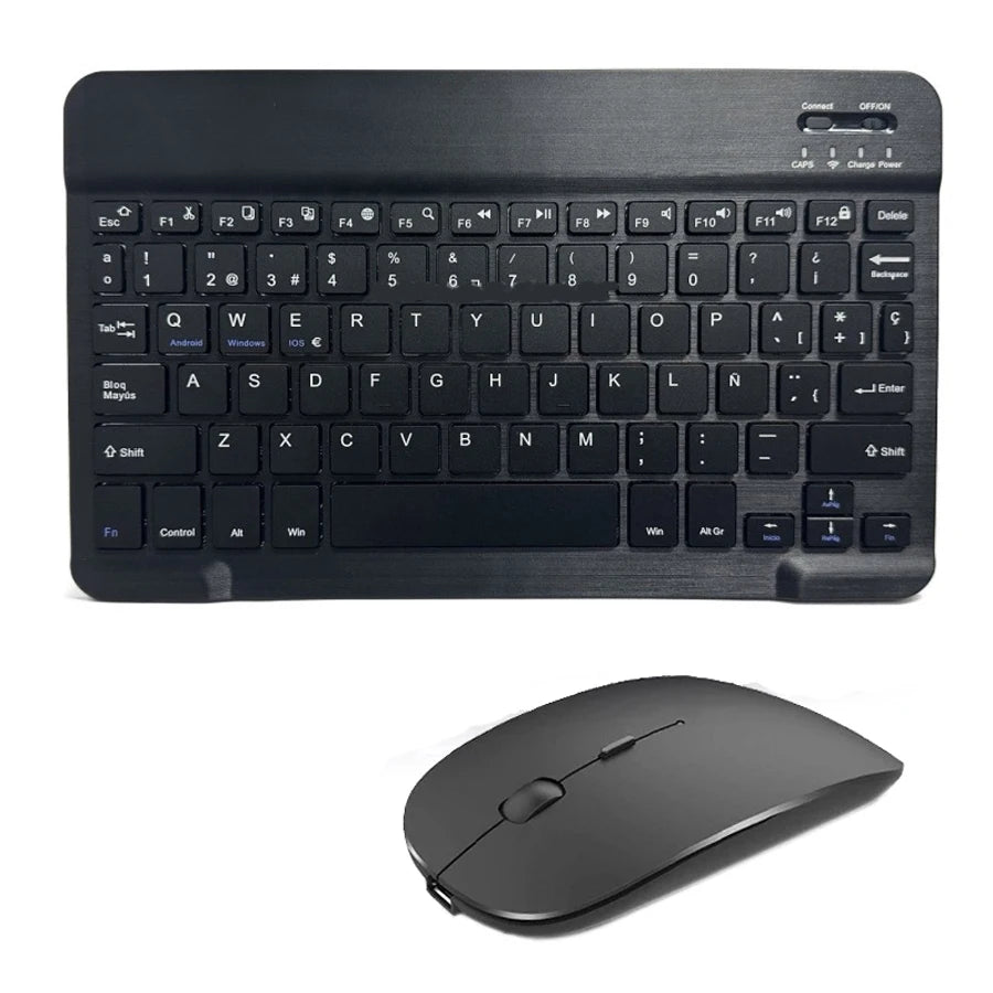 Black wireless keyboard and mouse set on a white background