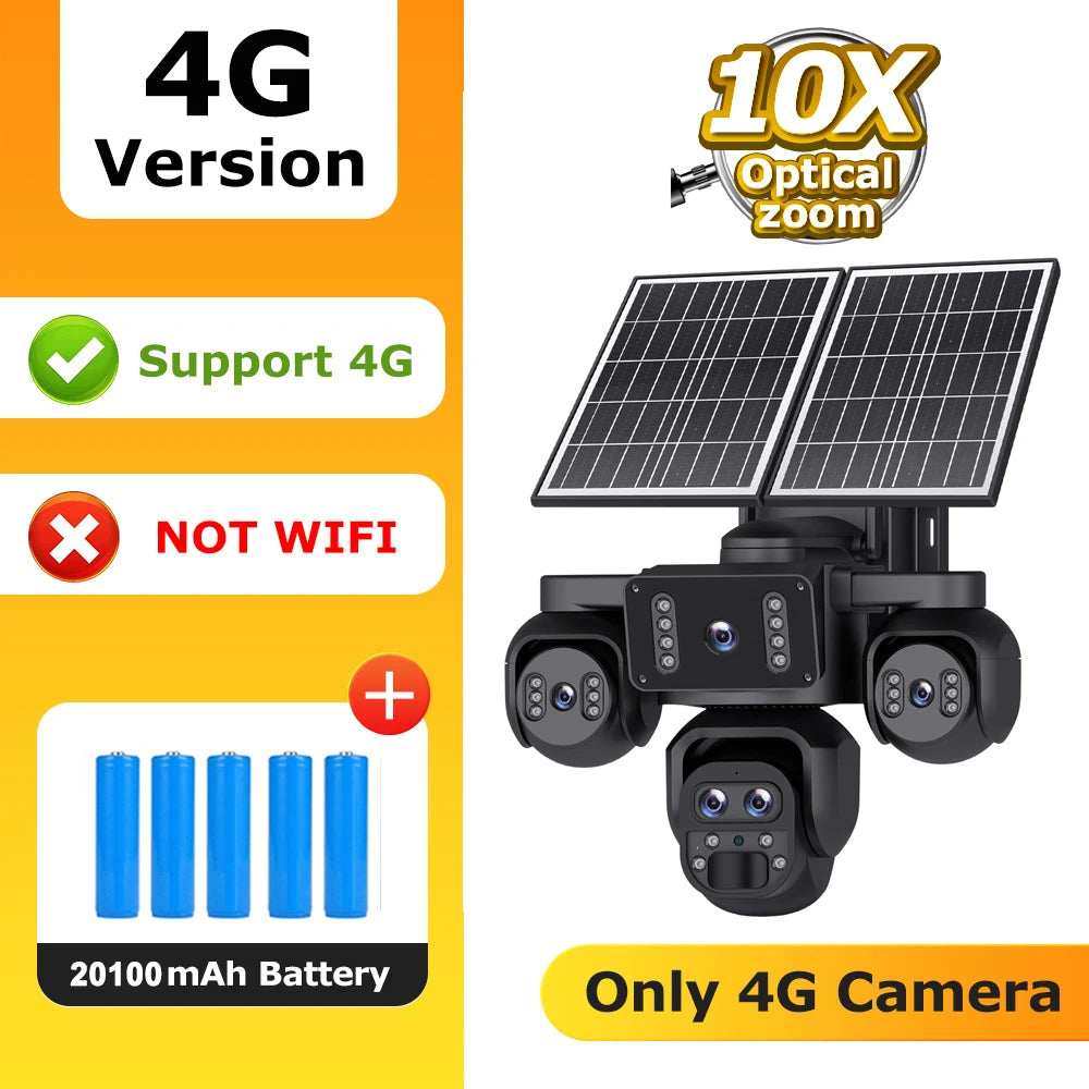 Solar-powered 4G security camera with dual solar panels, three camera lenses, and a 20100mAh battery shown on a yellow and white promotional graphic.
