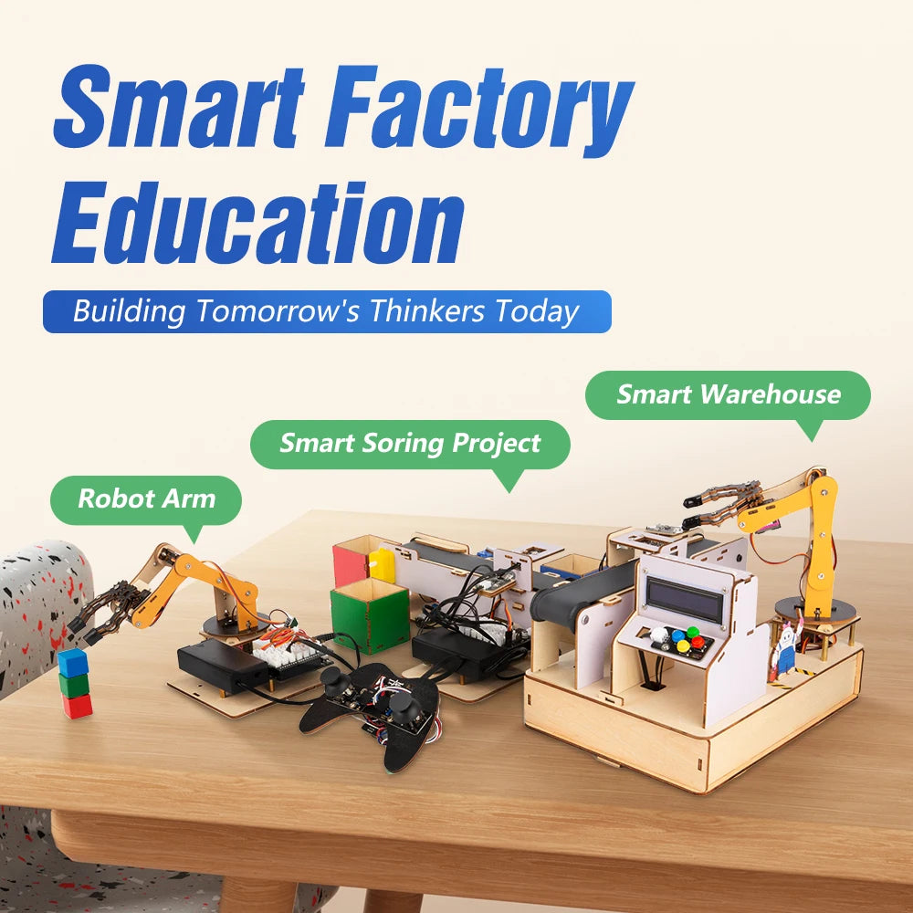 Educational setup with robot arm and smart warehouse components on a table, labeled 'Smart Factory Education'.