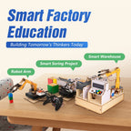 Educational setup with robot arm and smart warehouse components on a table, labeled 'Smart Factory Education'.