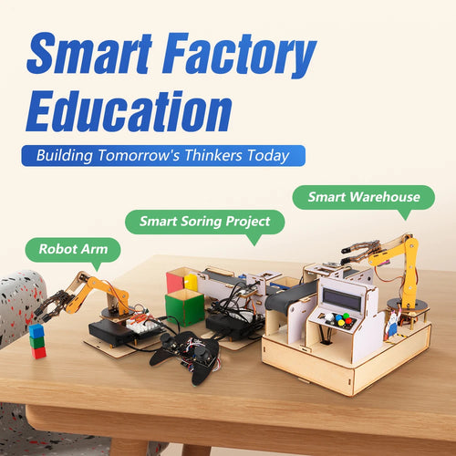 Educational setup with robot arm and smart warehouse components on a table, labeled 'Smart Factory Education'.