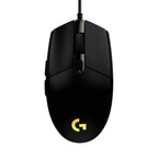 Black gaming mouse with a yellow logo on a white background