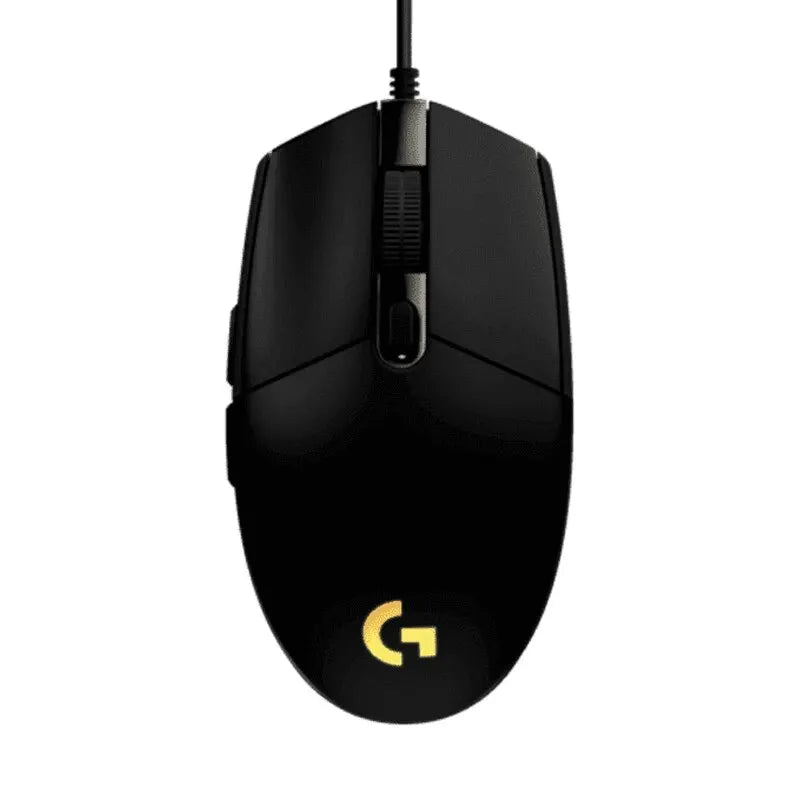 Black gaming mouse with a yellow logo on a white background