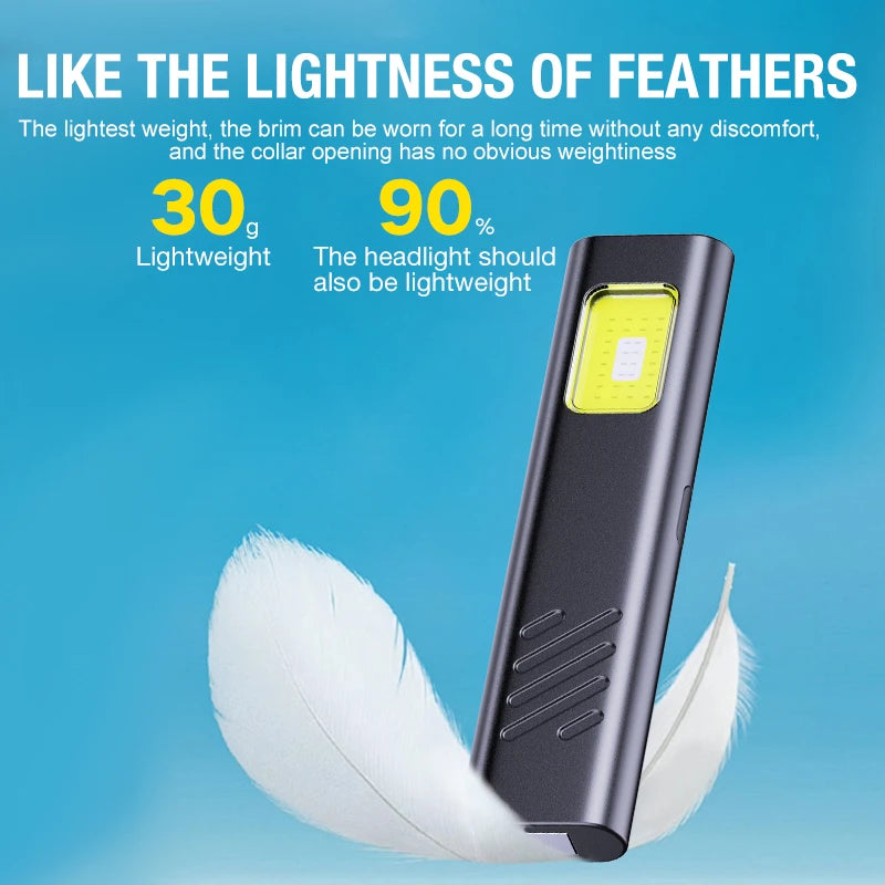 Lightweight device with feather for size comparison on a blue background
