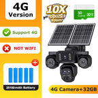 Black 4G solar-powered security camera with dual solar panels, four batteries, and a 32GB SD card, shown on a yellow and white promotional graphic with text overlays.