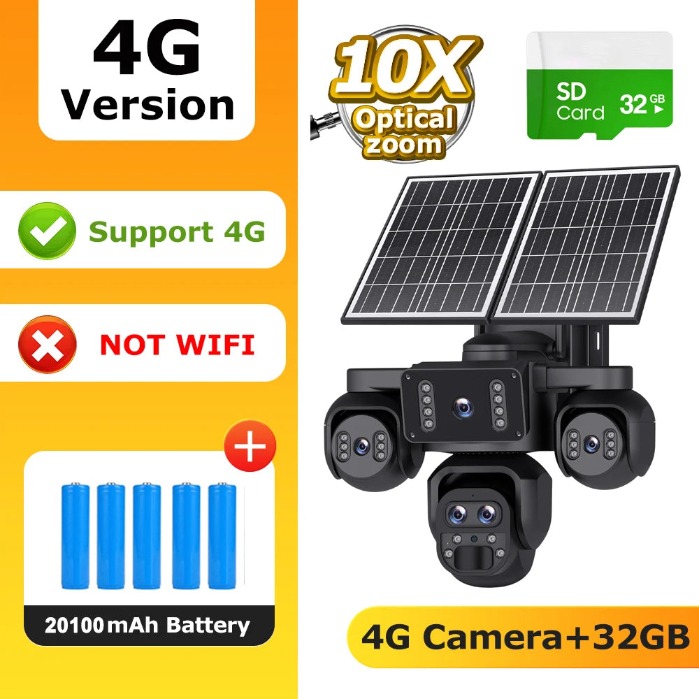 Black 4G solar-powered security camera with dual solar panels, four batteries, and a 32GB SD card, shown on a yellow and white promotional graphic with text overlays.