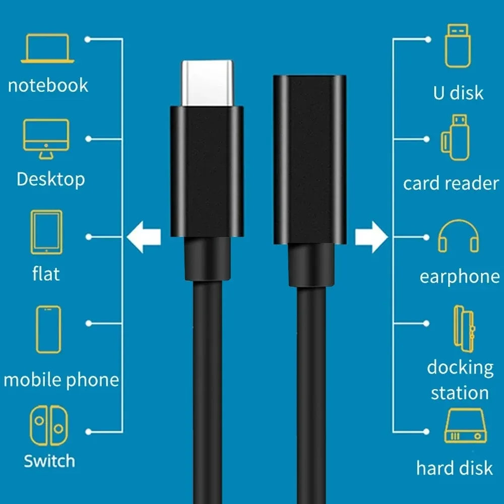 Black USB-C cable with connectors for various devices on a blue background