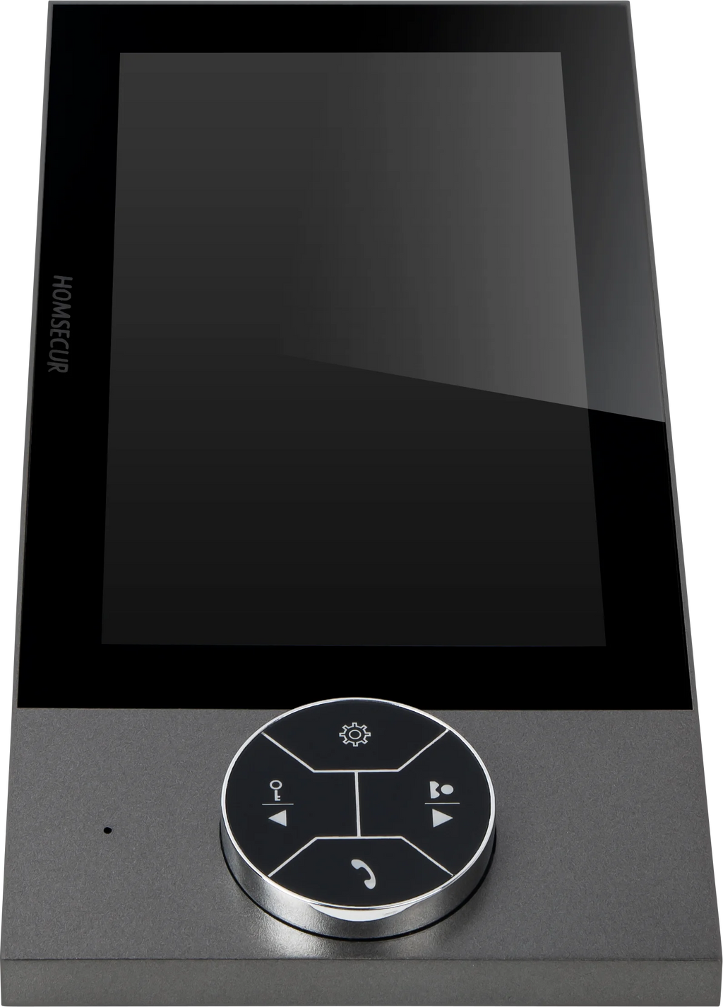 A black HOMSECUR video doorbell with a large glossy screen and a circular control button below, shown on a plain white background.