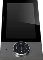 A black HOMSECUR video doorbell with a large glossy screen and a circular control button below, shown on a plain white background.