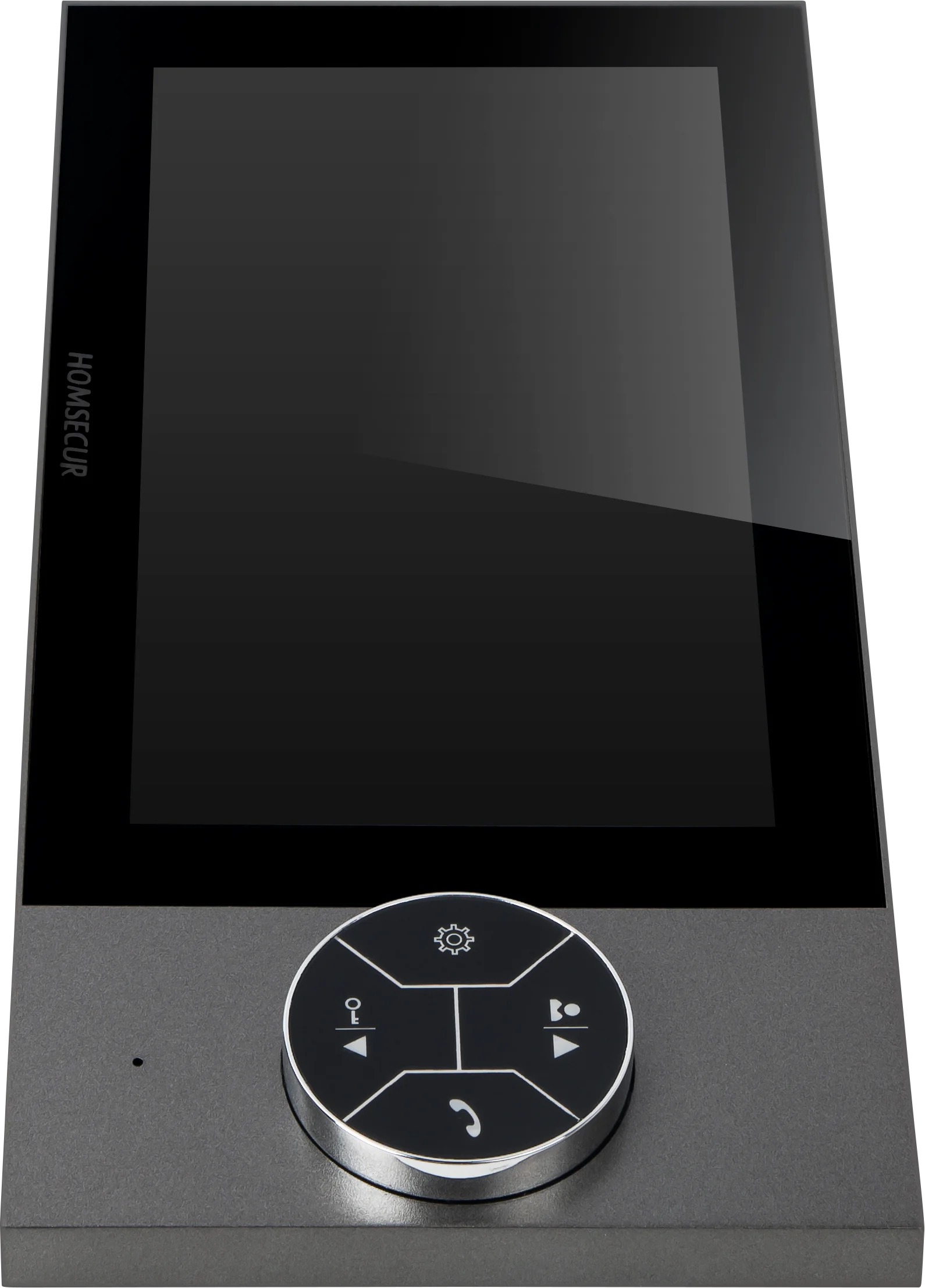 A black HOMSECUR video doorbell with a large glossy screen and a circular control button below, shown on a plain white background.