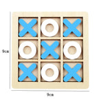 Wooden tic-tac-toe game with blue and white pieces on a beige background