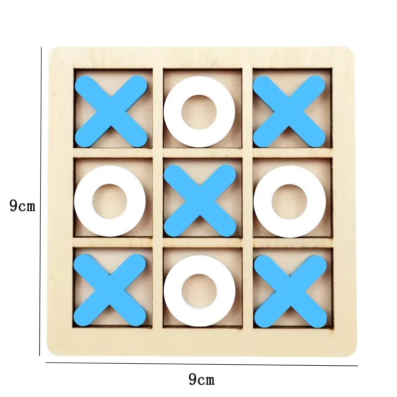 Wooden tic-tac-toe game with blue and white pieces on a beige background