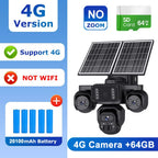 4G solar-powered security camera set with three black cameras, dual solar panels, a 64GB SD card, and a 20100mAh battery, shown on a blue and white promotional graphic with feature callouts.