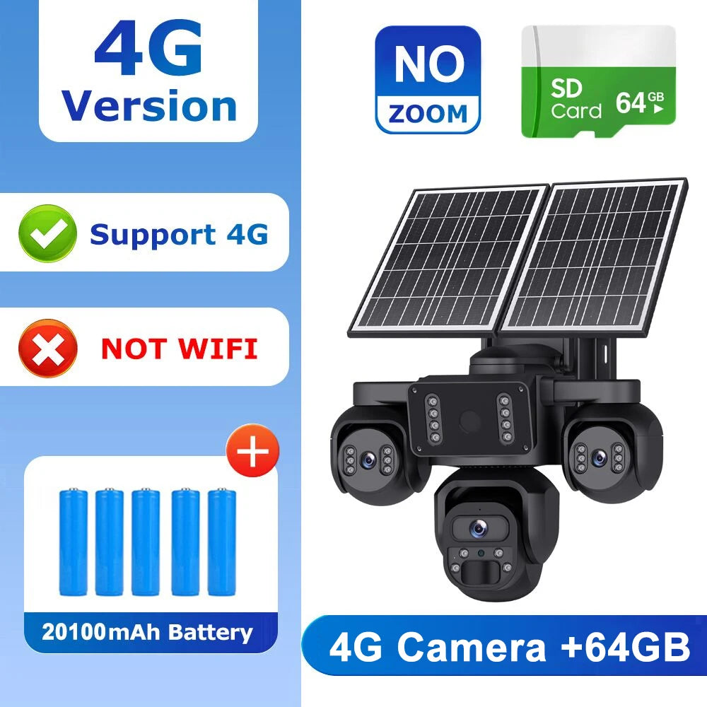 4G solar-powered security camera set with three black cameras, dual solar panels, a 64GB SD card, and a 20100mAh battery, shown on a blue and white promotional graphic with feature callouts.