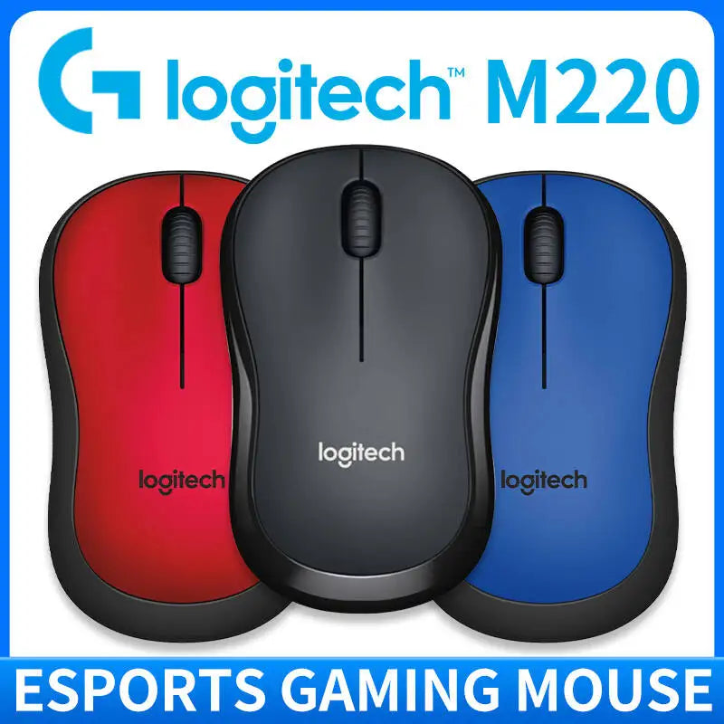Three Logitech M220 gaming mice in red, black, and blue on a white background.