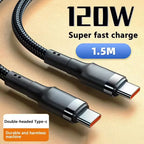 Black USB-C cable with '120W Super fast charge' text on a beige. Dual Type C charging Cable 