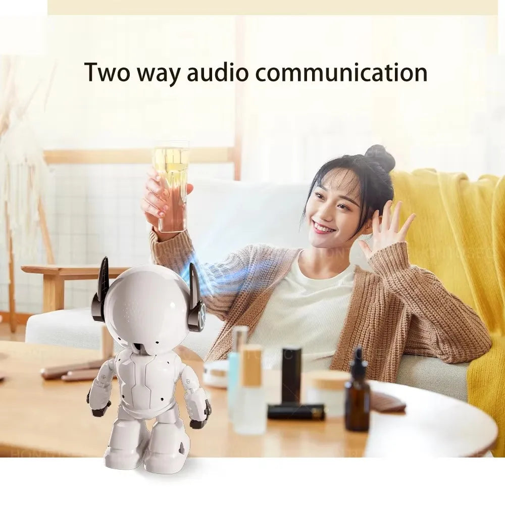 Protect your home with the HiEasy 5MP Robot WiFi Indoor Security Camera featuring AI motion detection, night vision, two-way audio, and smart monitoring.
Woman interacting with a robot on a table with text 'Two way audio communication' above.