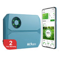 A light blue HiDazo automatic sprinkler controller shown next to a smartphone displaying its companion app. The controller features a circular control panel with four numbered zones and a red badge indicating a 2-year warranty.
