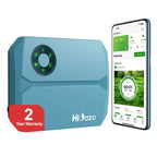 A light blue HiDazo automatic sprinkler controller shown next to a smartphone displaying its companion app. The controller features a circular control panel with four numbered zones and a red badge indicating a 2-year warranty.