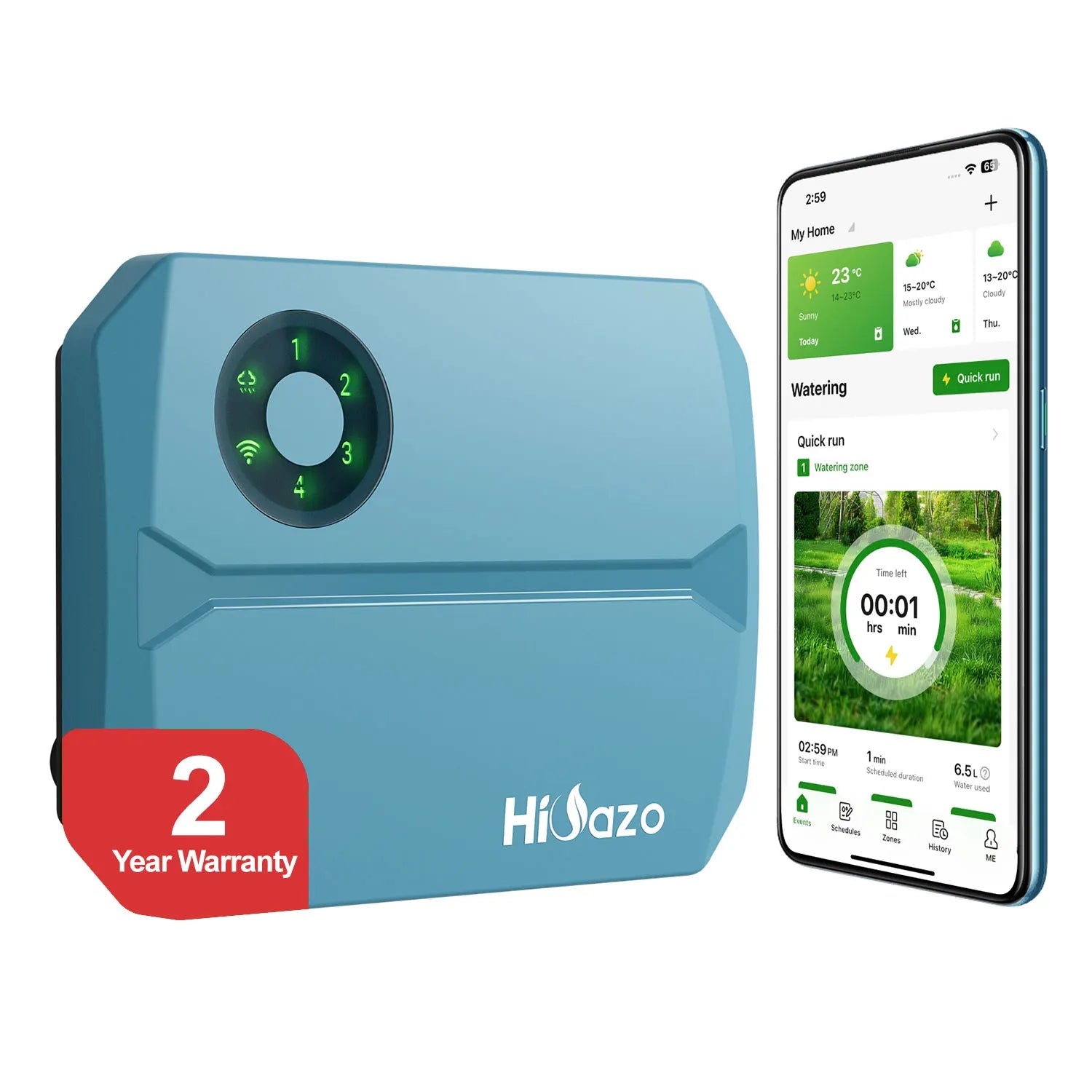 A light blue HiDazo automatic sprinkler controller shown next to a smartphone displaying its companion app. The controller features a circular control panel with four numbered zones and a red badge indicating a 2-year warranty.