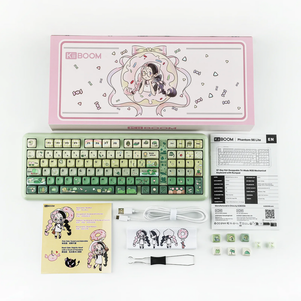 Keyboard set with packaging and accessories on a white background