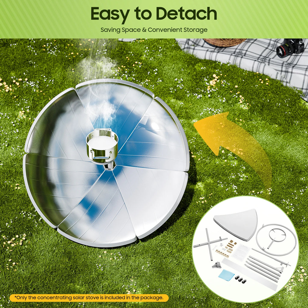 Solar concentrator on grass with detachable parts shown, labeled 'Easy to Detach'.