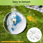 Solar concentrator on grass with detachable parts shown, labeled 'Easy to Detach'.