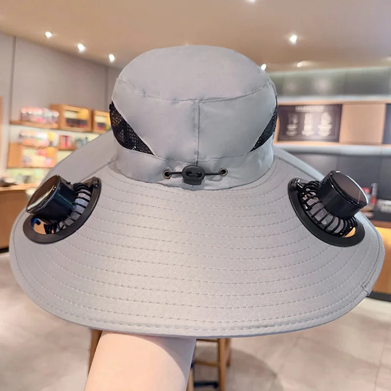 Solar Sun Hat with Cooling Fan – UV Protection Outdoor Bucket Hat for Camping & Fishing