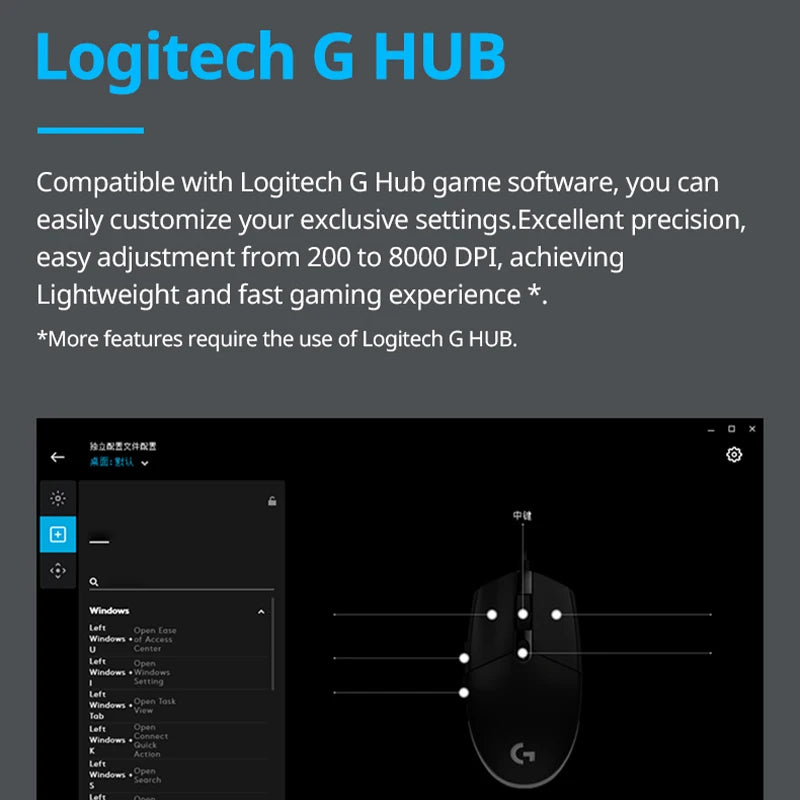 Logitech G Hub software interface with text about customization and features.