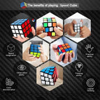 Speed cube puzzle with hands holding cubes and text about benefits on a black carbon fiber pattern background.