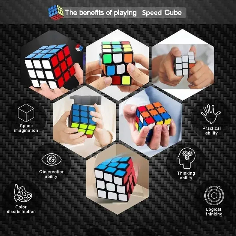 Speed cube puzzle with hands holding cubes and text about benefits on a black carbon fiber pattern background.